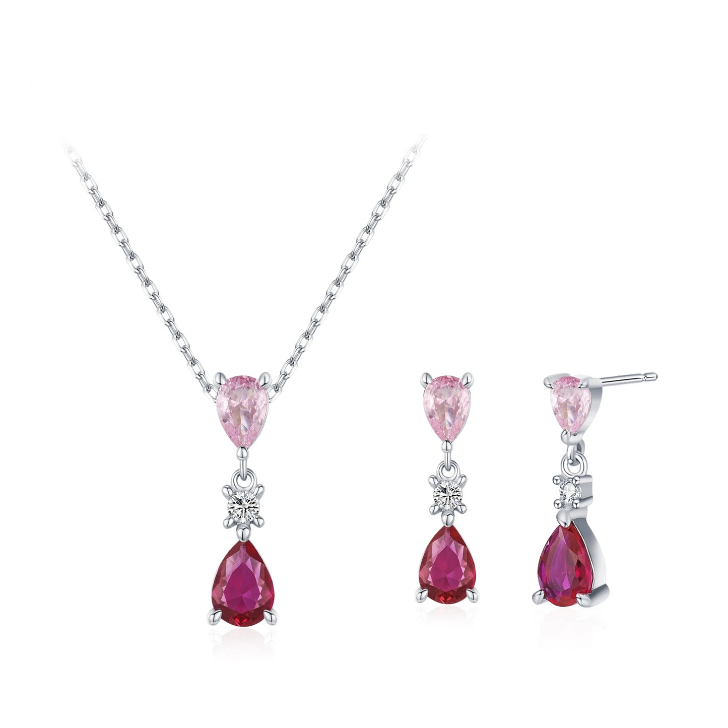 Ailmay 925 Sterling Silver Sweet Pink Water Droplet Zircon Pendant Necklace Earrings Set for Women Romantic Valentine's Day Gift