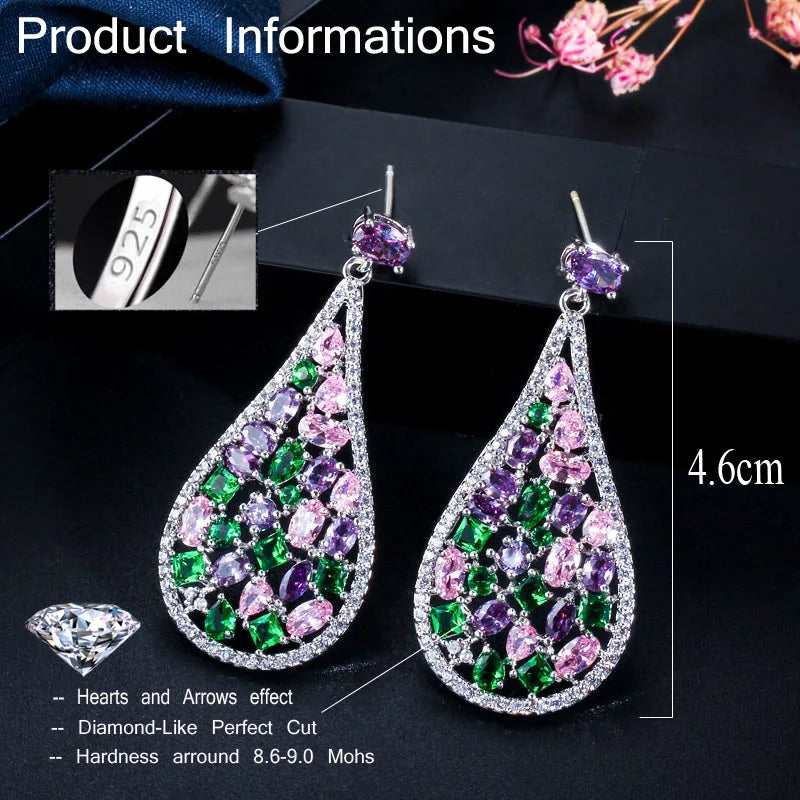 S&S Purple CZ Water Drop Dangle Earrings – Multi-Shape – 925 Silver Pin – Rhodium Plated – Collection