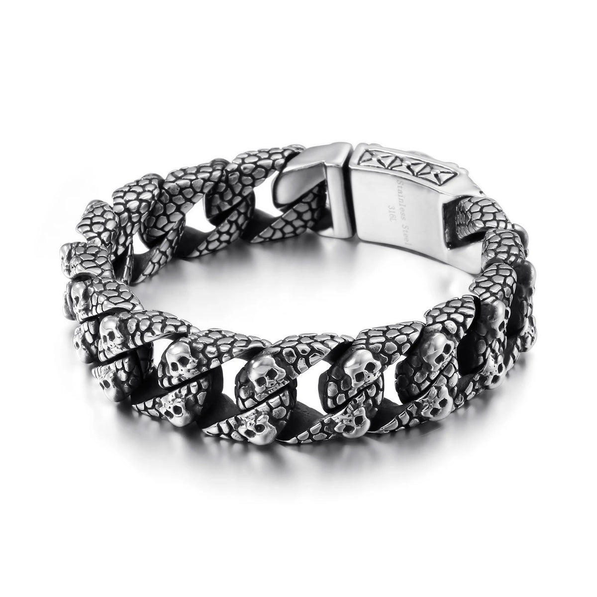 VIKING Mens Punk Skull Skeleton Cuban Link Chain Bracelet – Boiled Black Stainless Steel