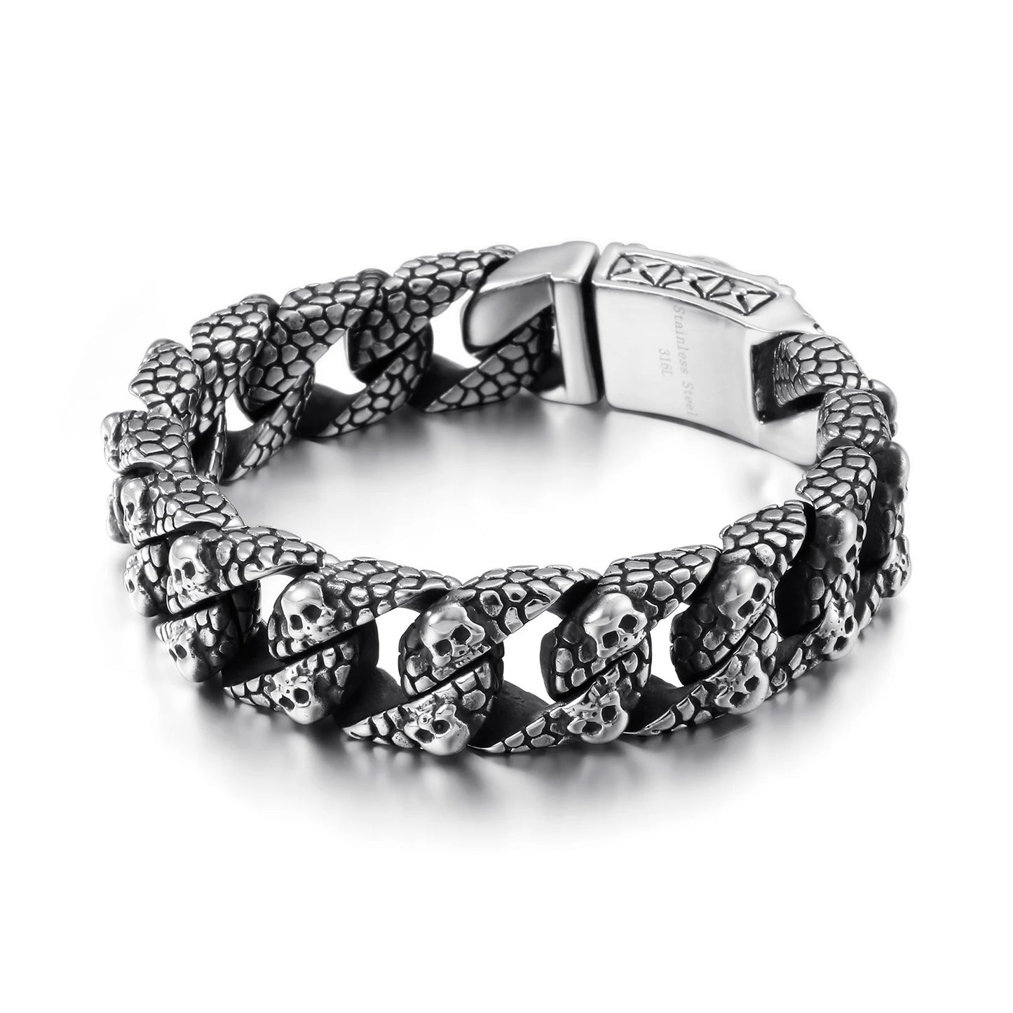KALEN Europea Punk Mens Relievo Skull Jewelry Skeleton Head Cross Stainless Steel Curb Cuban Link Chain Bracelet for Men