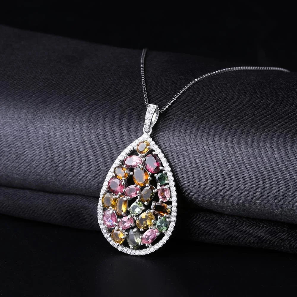 ArtistA Abiding Custom Multi-Gemstone Sterling Silver Jewelry Set Oval Cut Natural Tourmaline Water Drop Earrings Pendant Ring