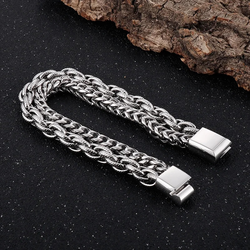 VIKING Mens Vintage Double Chain Stainless Steel Bracelet – Silver