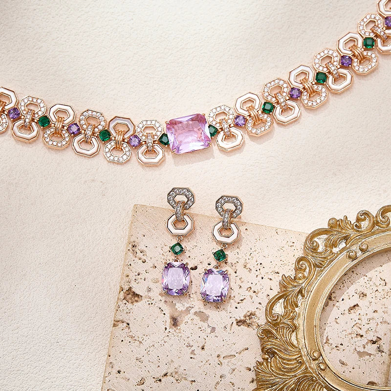 Victoria Style 8-shape Women's Brass Necklace Earrings  Bracelet White Mother of Pearl purple Zircon  High-quality Jewelry