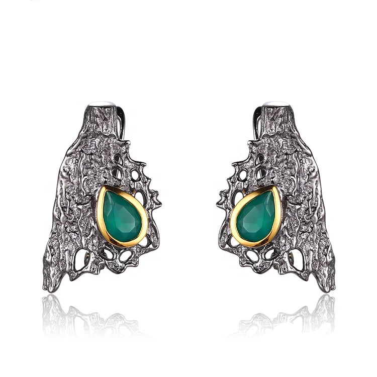 Latest Design Vintage Engagement Party Gift Green Agate 925 Sterling Silver Pendant Charm Earrings for Women