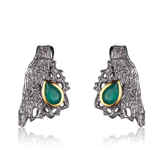 Latest Design Vintage Engagement Party Gift Green Agate 925 Sterling Silver Pendant Charm Earrings for Women