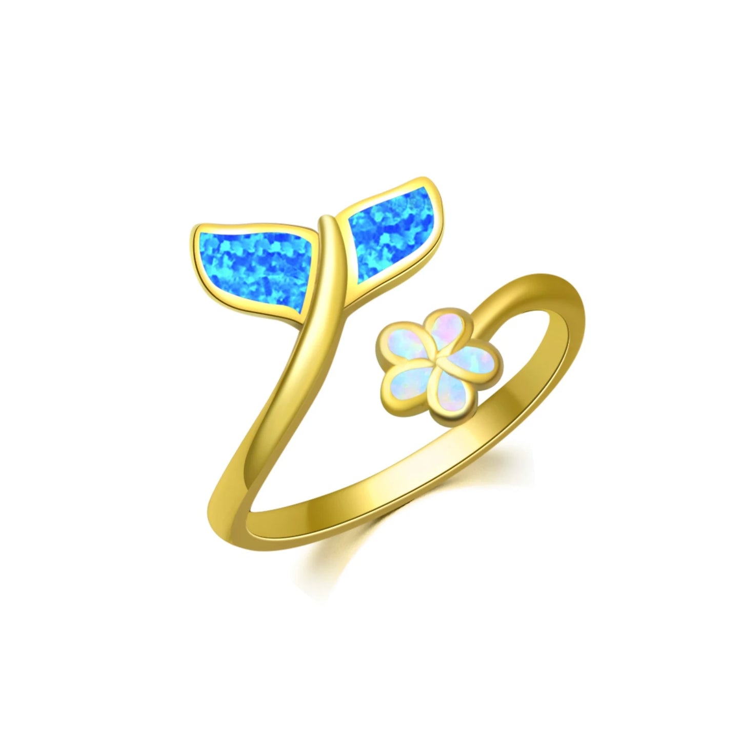 Mermaid Tail  Flower Opal Open Ring  Gem Gold-Plated Band  Enchanting Ocean-Themed Jewelry for Women Trendy Style