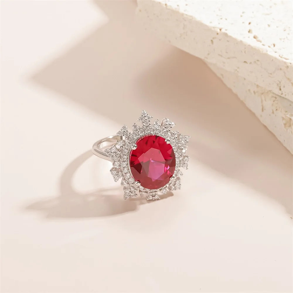 ArtistA Luxury 925 Silver Big Main Stone Fancy Oval Cut 10x12mm Pinkish Red Lab Grown Ruby Women Ring for Dinner Party Cocktail Ring