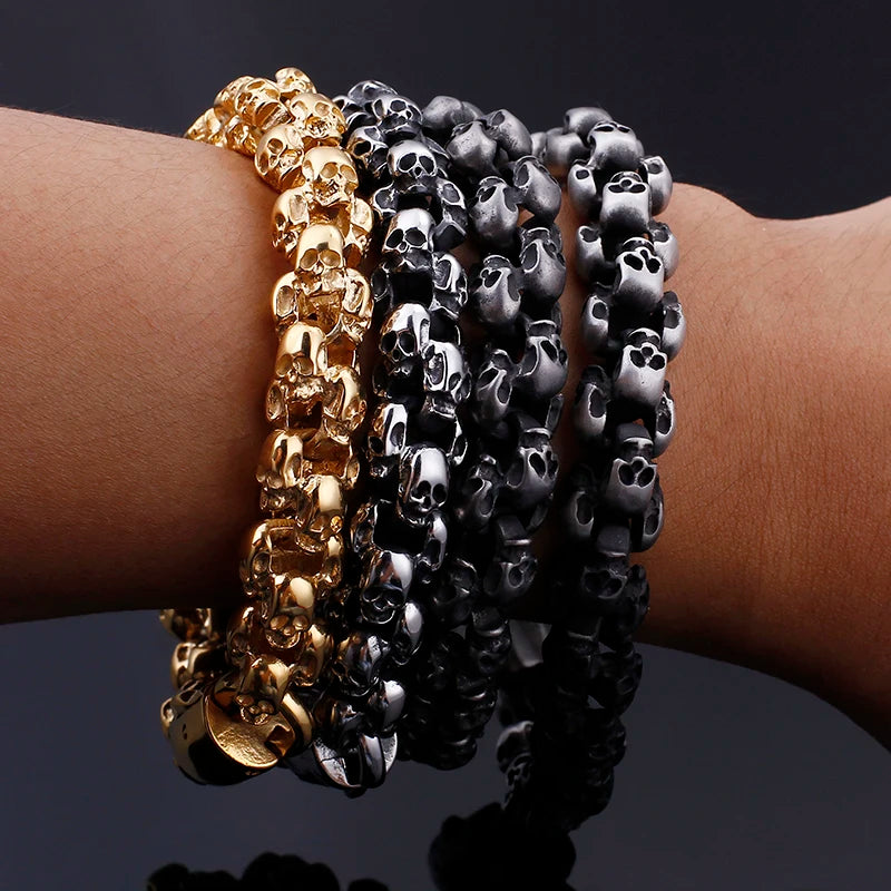 Kalen Punk Skull Gothic Jewelry Stainless Steel Bracelet Gold Plated Shiny Matte Skull Beaded Thick Bracelet for Men