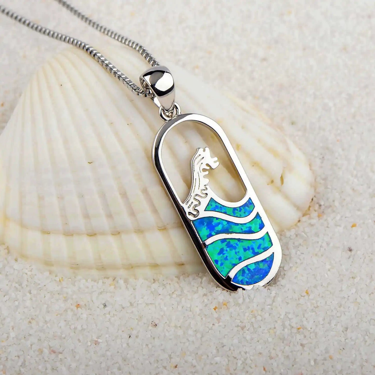 Ins Trendy Copper Hawaiian Blue Opal Wave Bottle Necklace | Dainty Silver Plated Link Chain Sweater for Women Daily Life