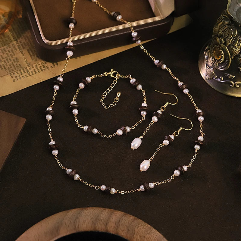 Natural Freshwater Pearl Tiger Eye Jewelry Set for Women Daily Wear Dating Necklace Bracelet Earrings Set