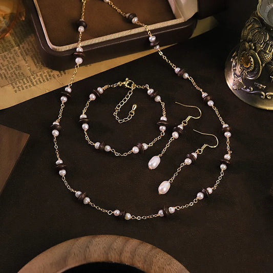 Natural Freshwater Pearl Tiger Eye Jewelry Set for Women Daily Wear Dating Necklace Bracelet Earrings Set