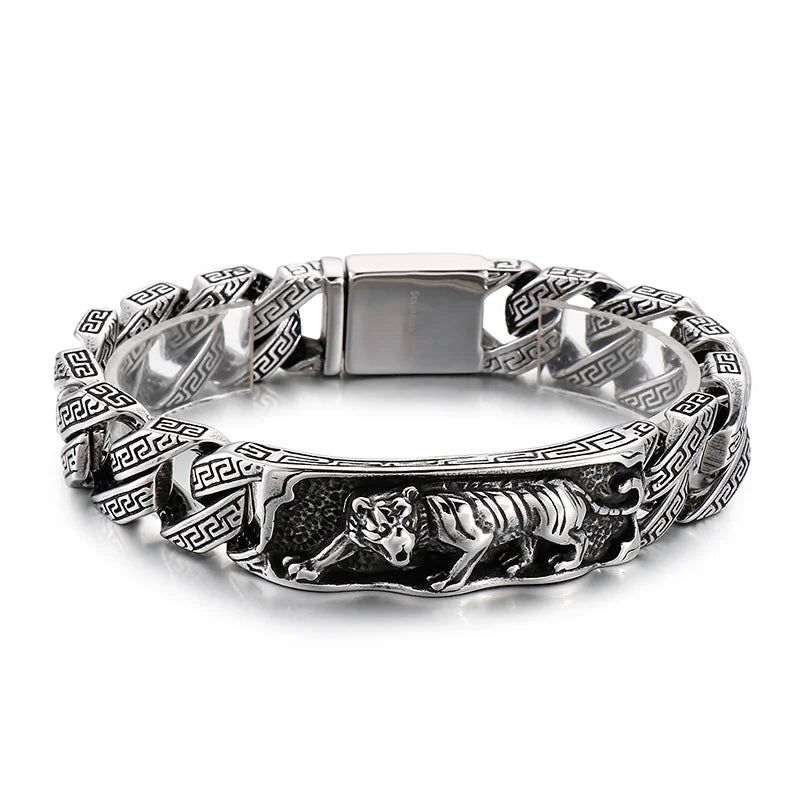 VIKING Mens Punk Tiger Pattern Link Bracelet – Silver Stainless Steel