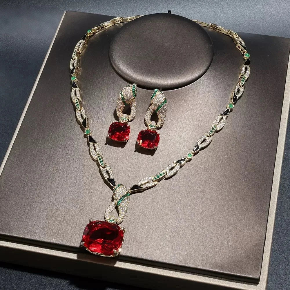 Bella Viva Luxury Red Cubic Zirconia Pendant Earrings & Necklace Set, Perfect for Wedding, Party and Special Occasions