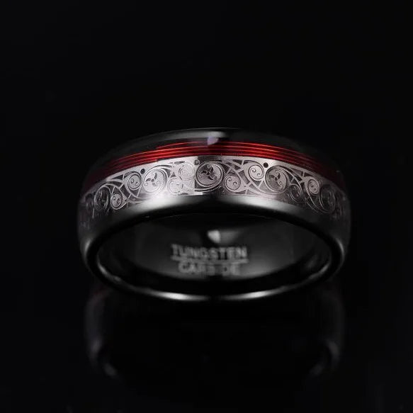 Tempusort Fashion Jewelry 8mm Black Tungsten Carbide Ring with Red Guitar String Spiral Pattern Inlay for Men Anniversary Gifts