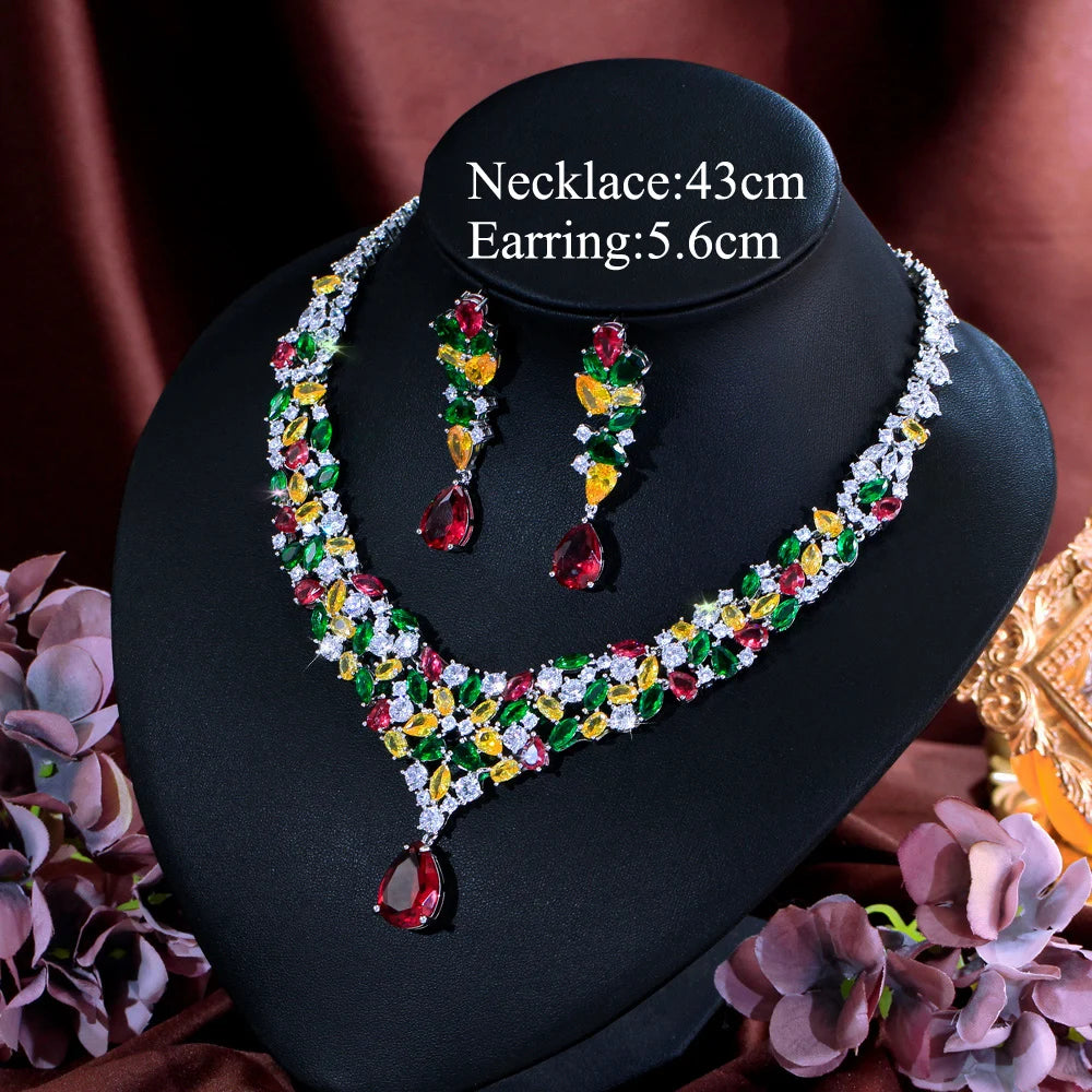 Colorful Nigerian Necklace Earrings Red Green Yellow White Zirconia Wedding Bridal Luxury Big Statement Jewelry Set for Women