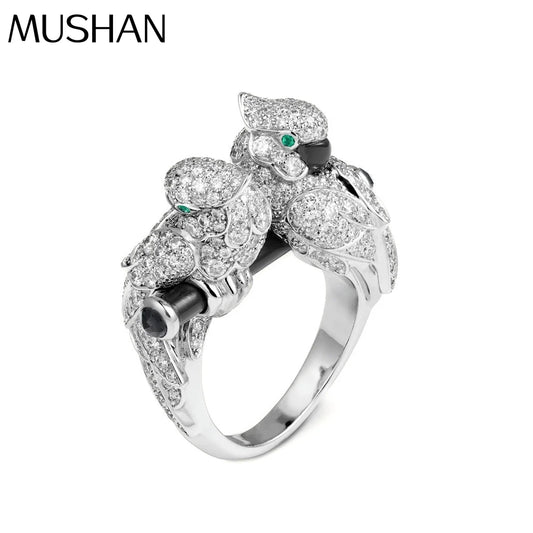 MuShan Jewelry Factory 925 Sterling Silver Gold Plated Ring High Carbon Diamond Double Headed Parrot Ring High End Accessory