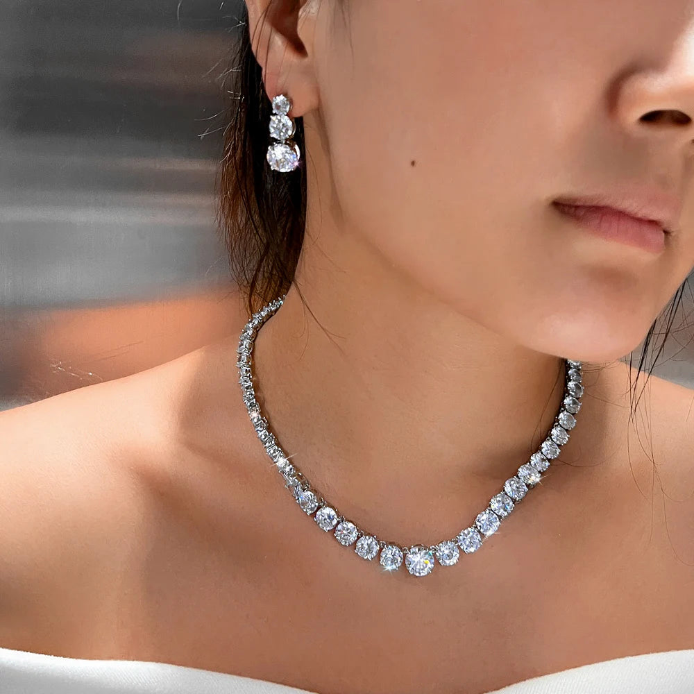 Super Glittering Round Cubic Zirconia Tennis Necklace and Earrings Jewelry Set for Women Wedding Bridal Party Engagement Banquet