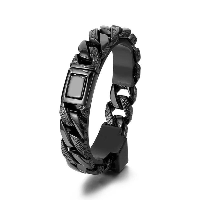 KALEN 22cm High Polished Engrave Symbol Retro Stainless Steel Mens Cuban Chain Link Bracelet
