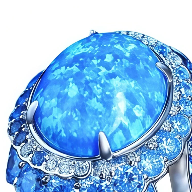 MUSHAN Jewelry Factory 925 Sterling Silver Rings Luxury Blue Opal Egg with Blue High Carbon Diamond Ring Anniversary Jewelry