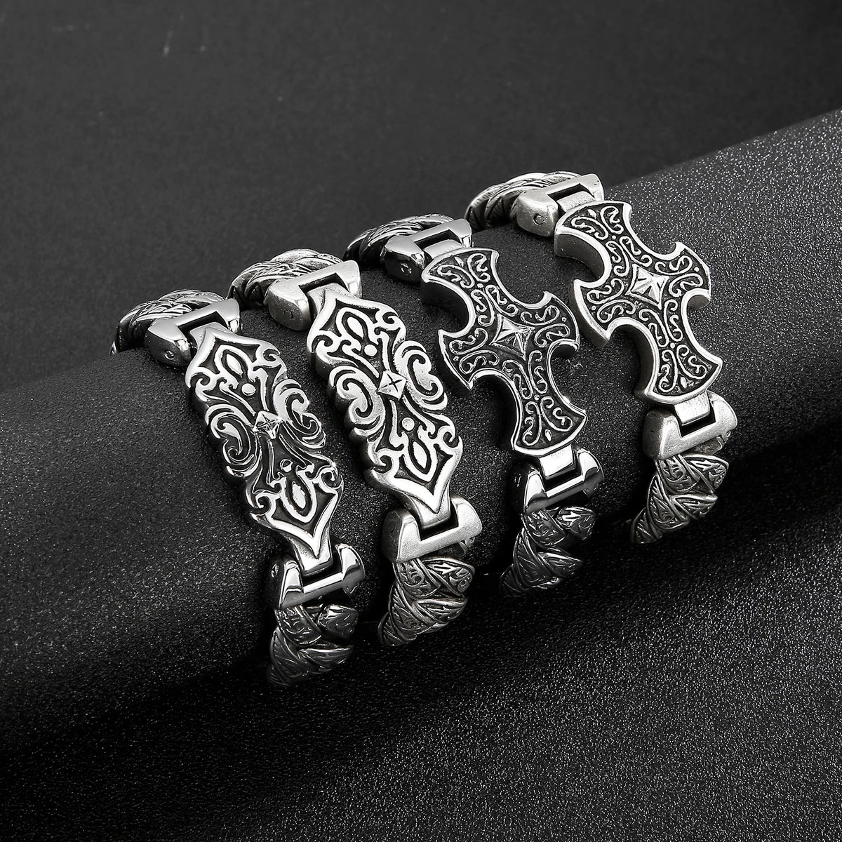 VIKING Mens Neo-Gothic Cross Charm Bracelet – Silver & Ancient Silver