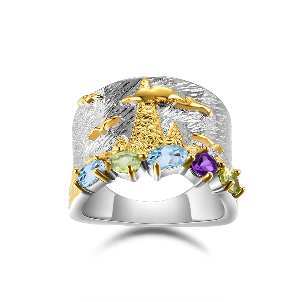 ArtistA Abiding Original Design 925 Silver Mixed Natural Gemstone Peridot Topaz Gold Plated Mountain Cloud Ring