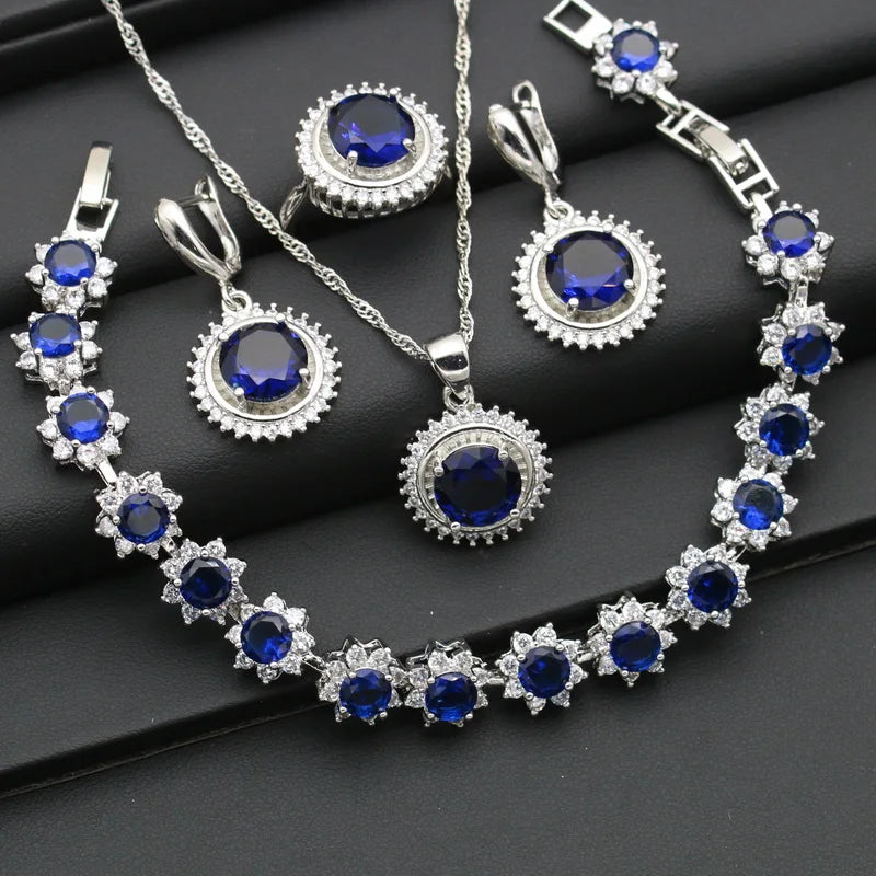 XOTICA Silver 925 Women's Wedding Jewelry Set with Circular Royal Blue Zircon Earrings Necklace Pendant Ring Bracelet Halloween Gift