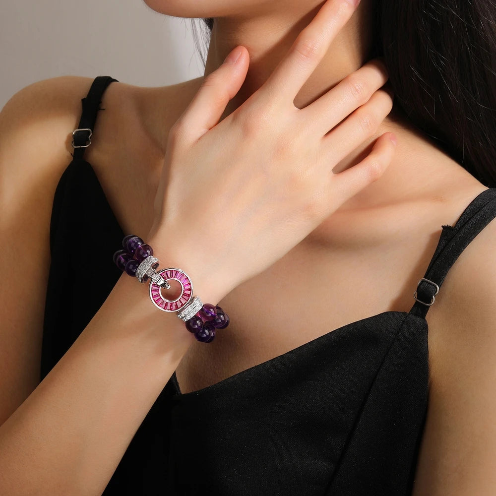 MUSHAN Jewelry Factory Natural Amethyst Bracelet With High End Feel S925 Silver Gold Plated High Carbon Diamond 8mm Accessory