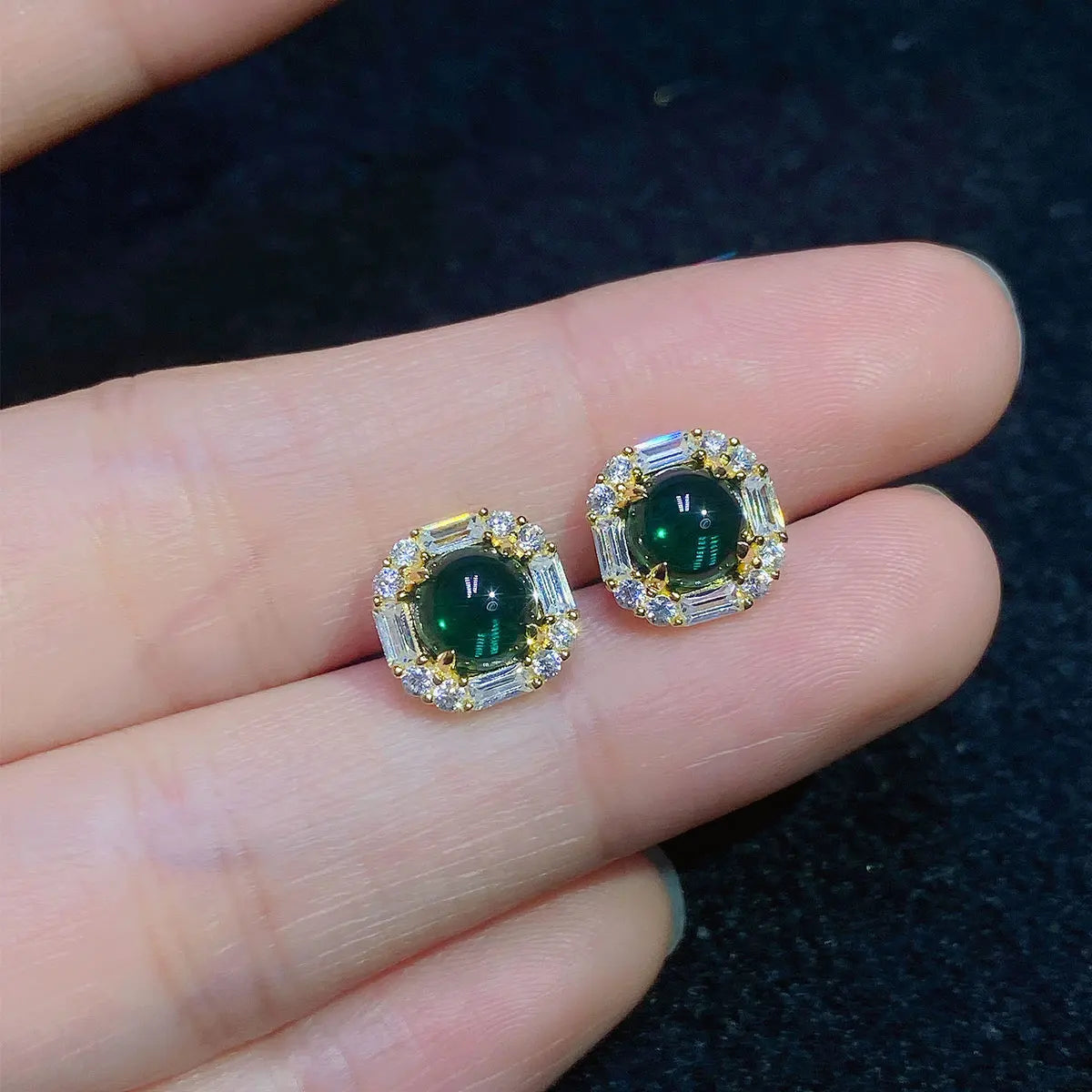 Gemfiori Sterling Silver Emerald Earrings With Cubic Zirconia Lab Grown Zambia Emerald Round Shape Stud Earrings in Rose Gold