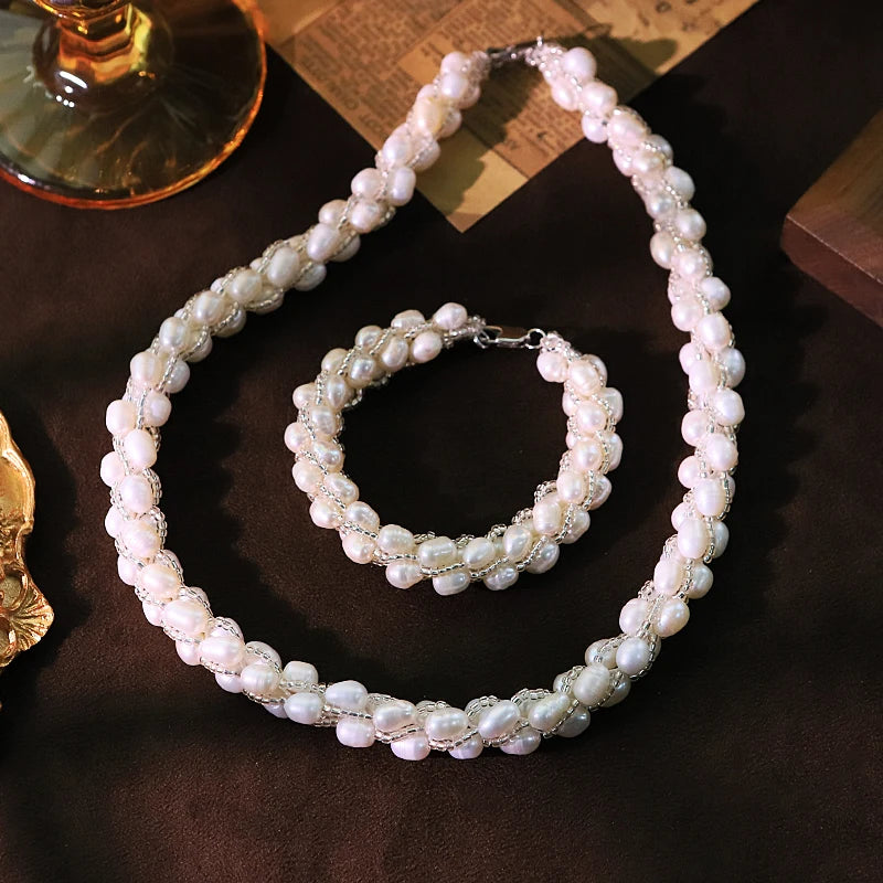 GLSEEVO Hand-Woven Natural Freshwater Pearl Necklace & Bracelet Set — Luxury Bridal Jewellery