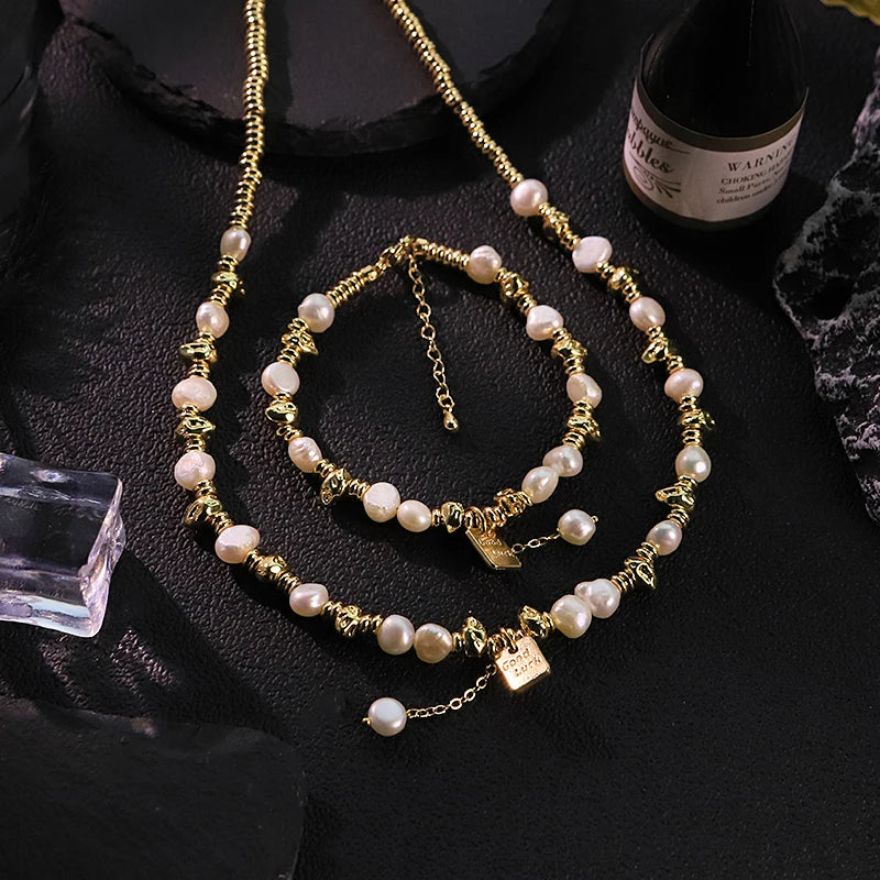 GLSEEVO Natural Baroque Pearl Jewelry Set for Women Birthday Gift 18K Gold Plated Beaded Necklace Bracelet Fashion Jewelry