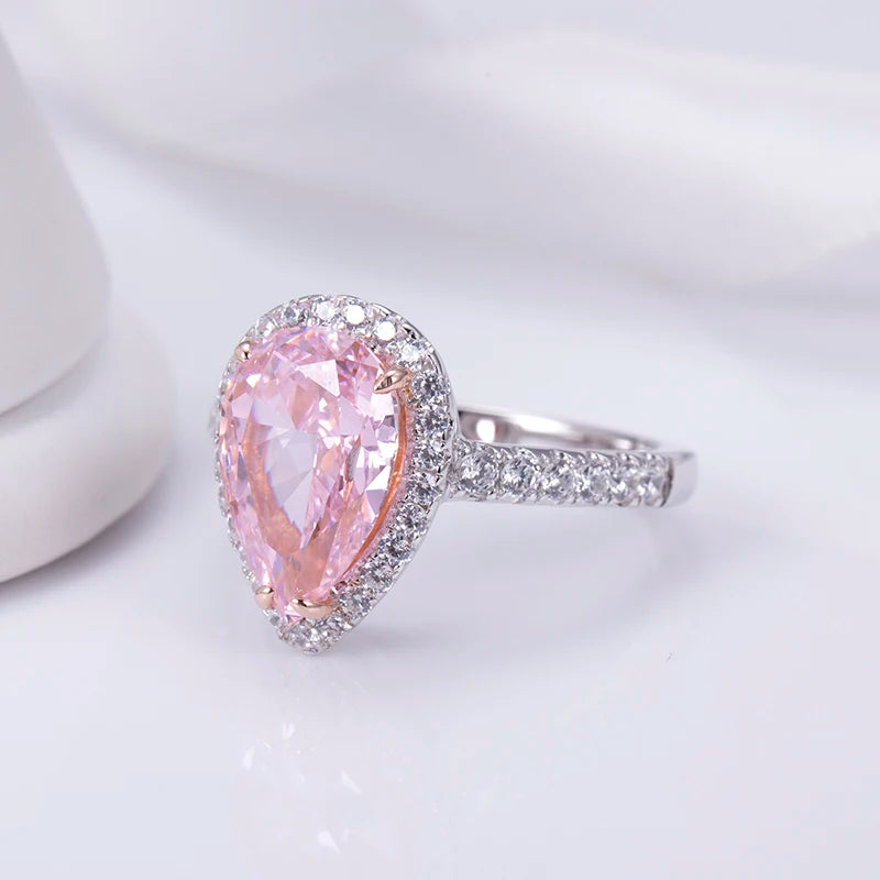 Messi Jewelry MSR-962 High Carbon Cubic Zircon Pink Diamond Ring Jewelry S925 Pear Cut Eternity  Engagement Wedding Ring