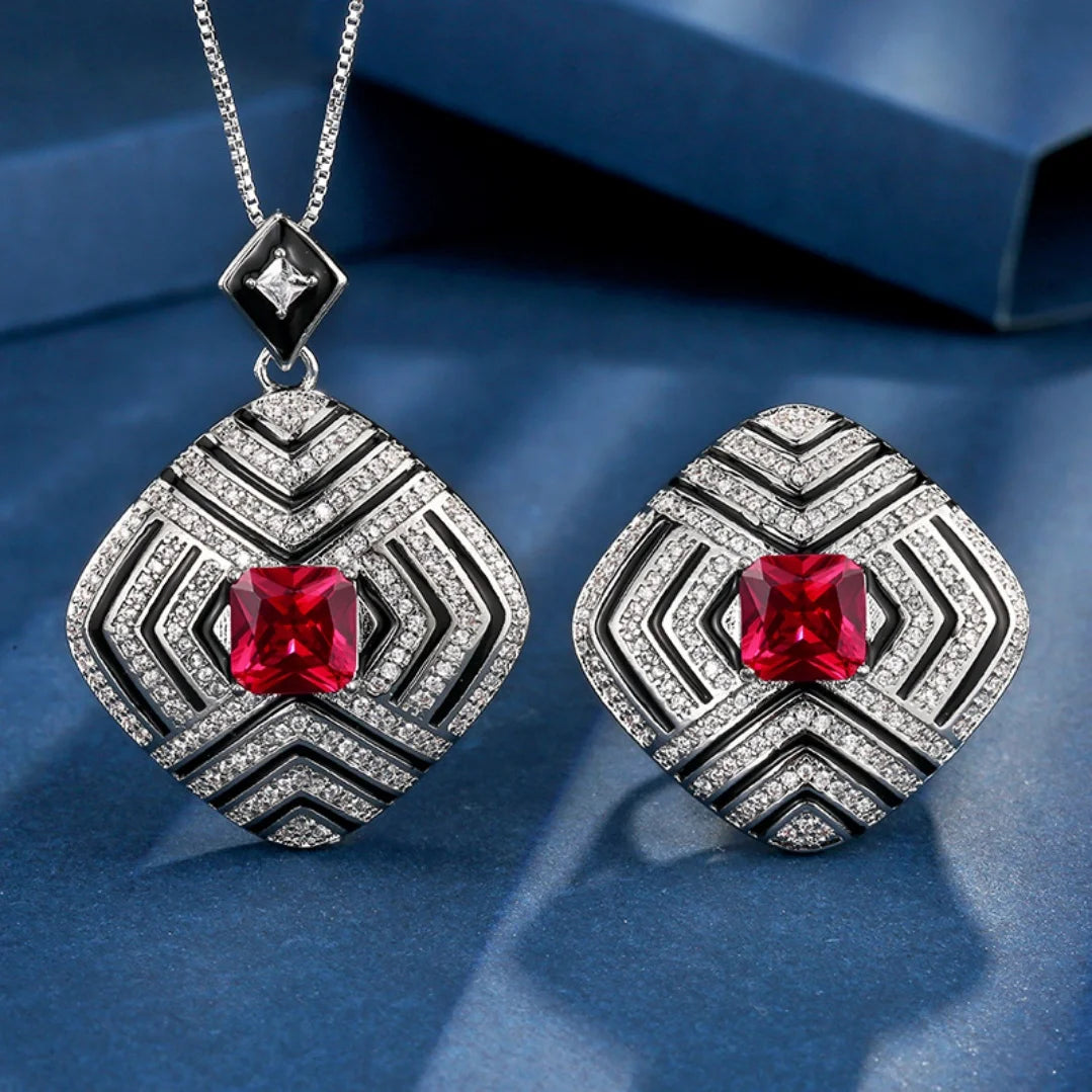 S&S Gold Plated Red Corundum Square Zircon Pendant & Ring Set – Collection