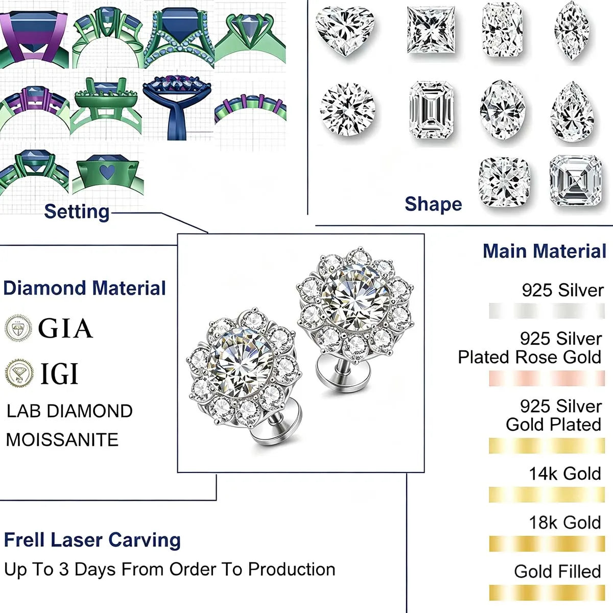 Gioiellieri 0.5ct-2ct Classic 6 Prong 14k Gold Stud Earrings VVS Mossanite for Men Women Birthday Anniversary Gift With Gra Certificate