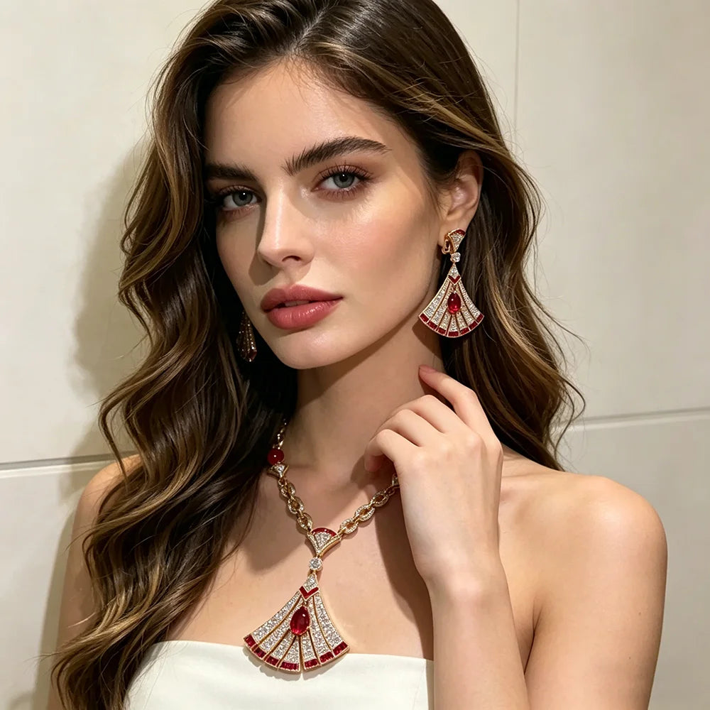 XM S295 Gold Plated Red Cubic Zirconia Fan-Shaped Statement Necklace & Earrings Bridal Set