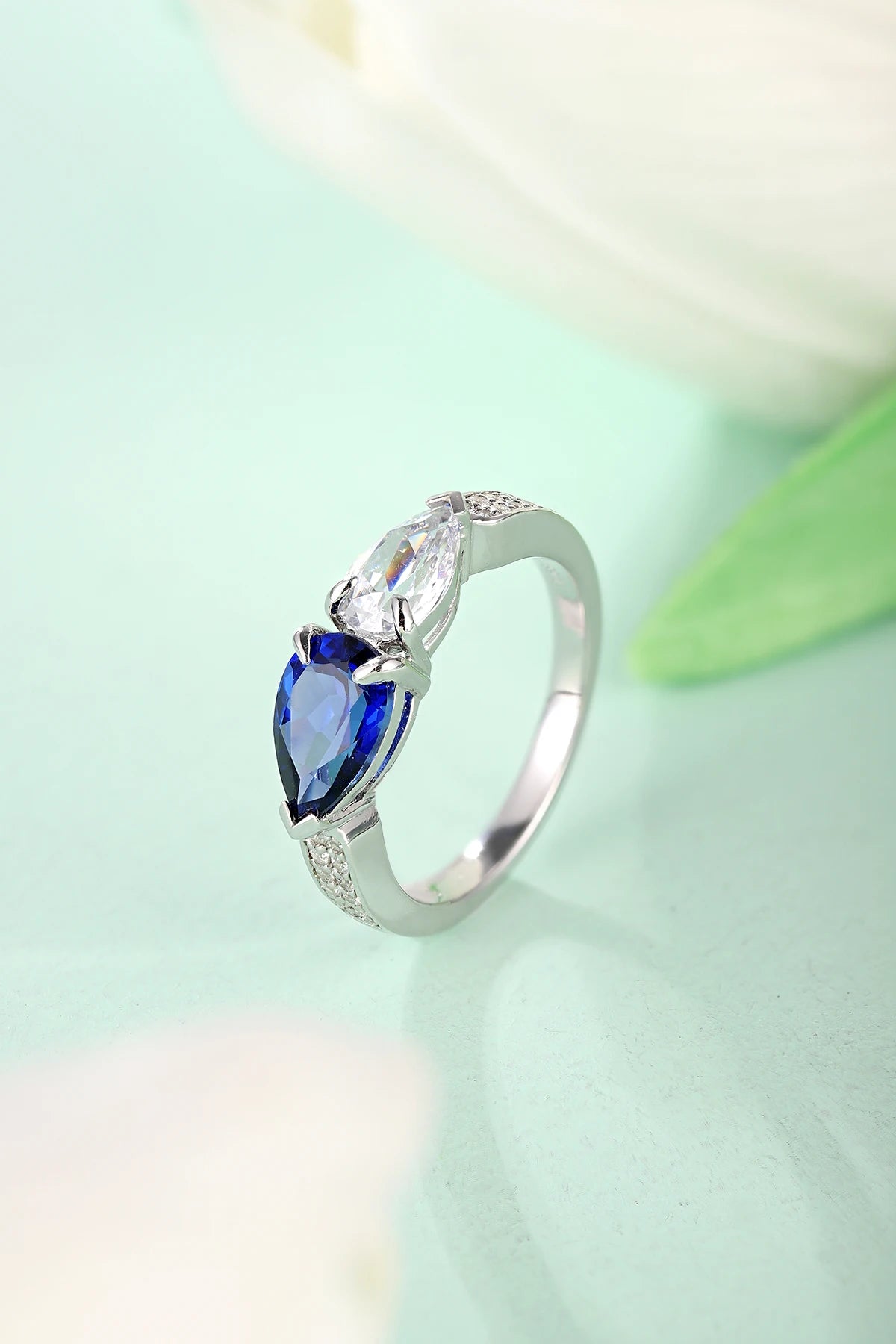 Gemfiori Fine Jewelry With Lab Created Sapphire Diamond Banding Classic Pear Design 925 Sterling Silver Women Rings