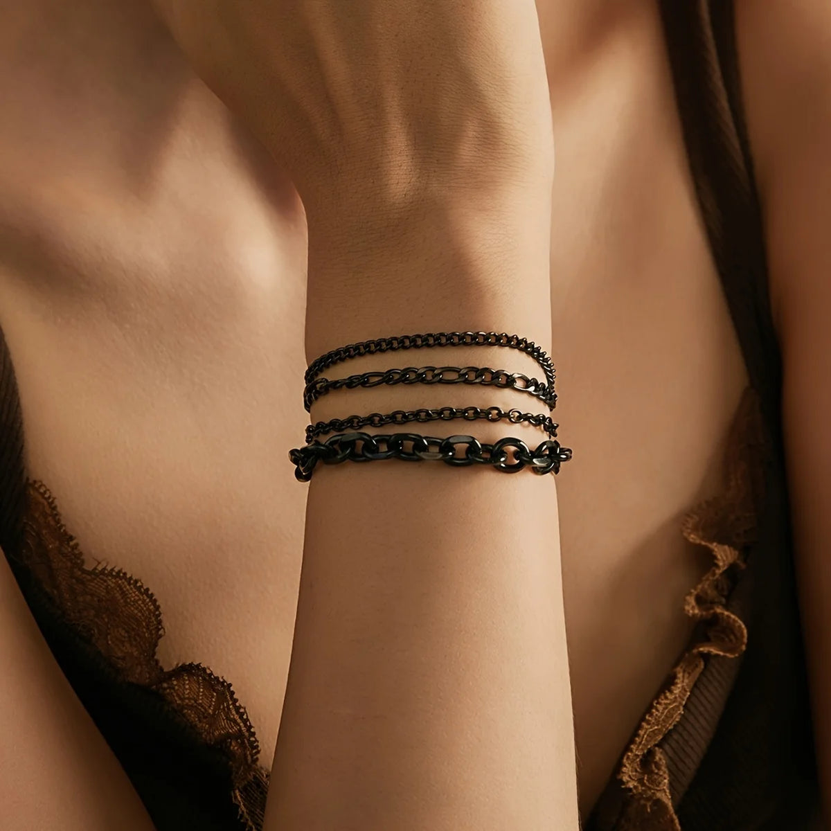 REBEL Black Figaro & Cuban Four-Bracelet Set