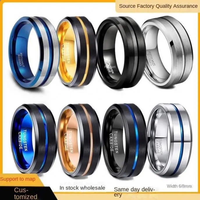 Black Tungsten Carbide Ring Thin Blue Line Inlay Fashion Jewelry Wedding Ring for Men and Women