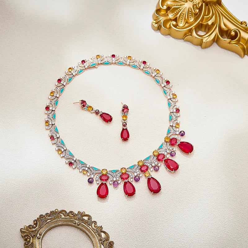 Pigeon Blood Red Zirconium Pear Shaped Sexy Women's Necklace Enamel High-end High-quality Brass Indian Jewelry Gift