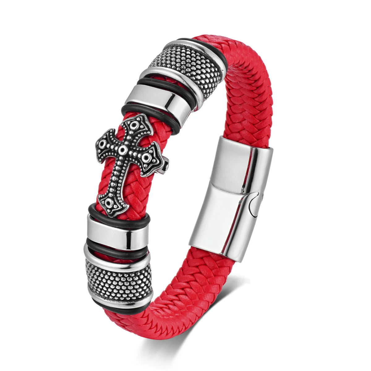 REBEL FASHIONISTA New Titanium Steel Cross Leather Braided Bracelet Magnetic Buckle Men's Leather Bracelet