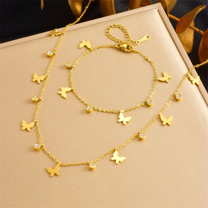 Gold Charm Necklace & Bracelet Jewellery Set | Crown, Flower, Lightning, Butterfly & Round