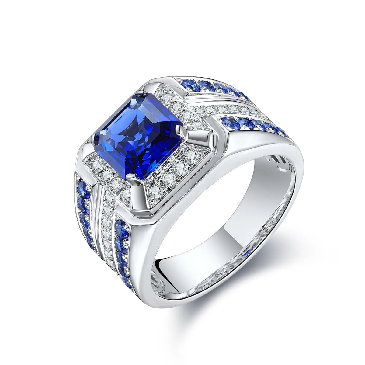 Gemfiori Custom Fine Men's Lab Grown Blue Sapphire 18K 14K Sterling Silver Classic Rhodium Plated Prong Setting Wedding Engagement Ring