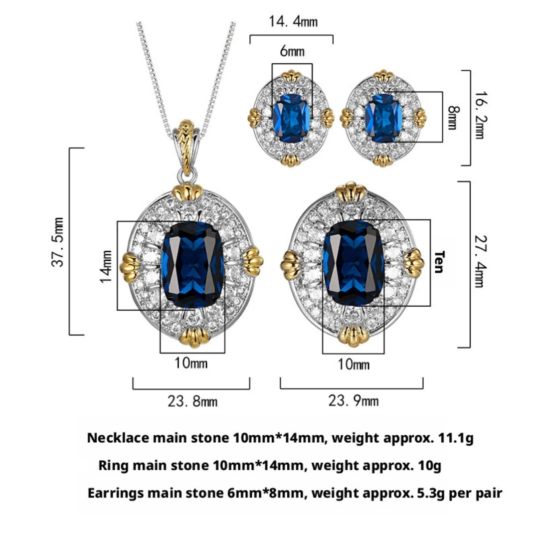 S&S Dark Blue Pointed Crystal CZ Jewellery Set – Pendant, Ring & Earrings – Gold Plated – Collection
