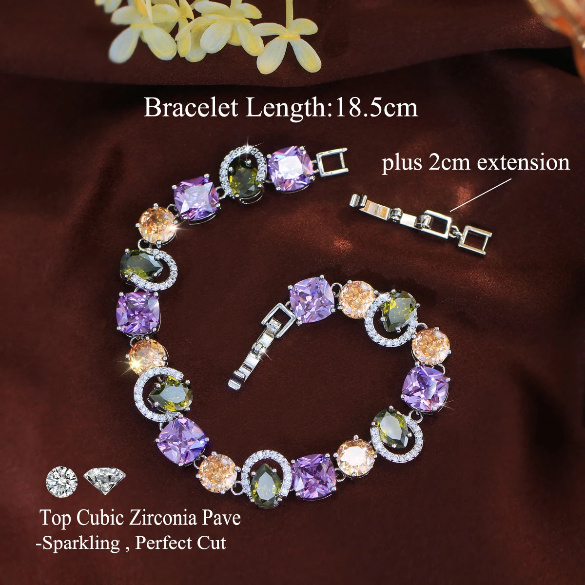 S&S CZ Square Charm Bracelet – Princess Cut – Silver Plated – 18.5cm – Collection