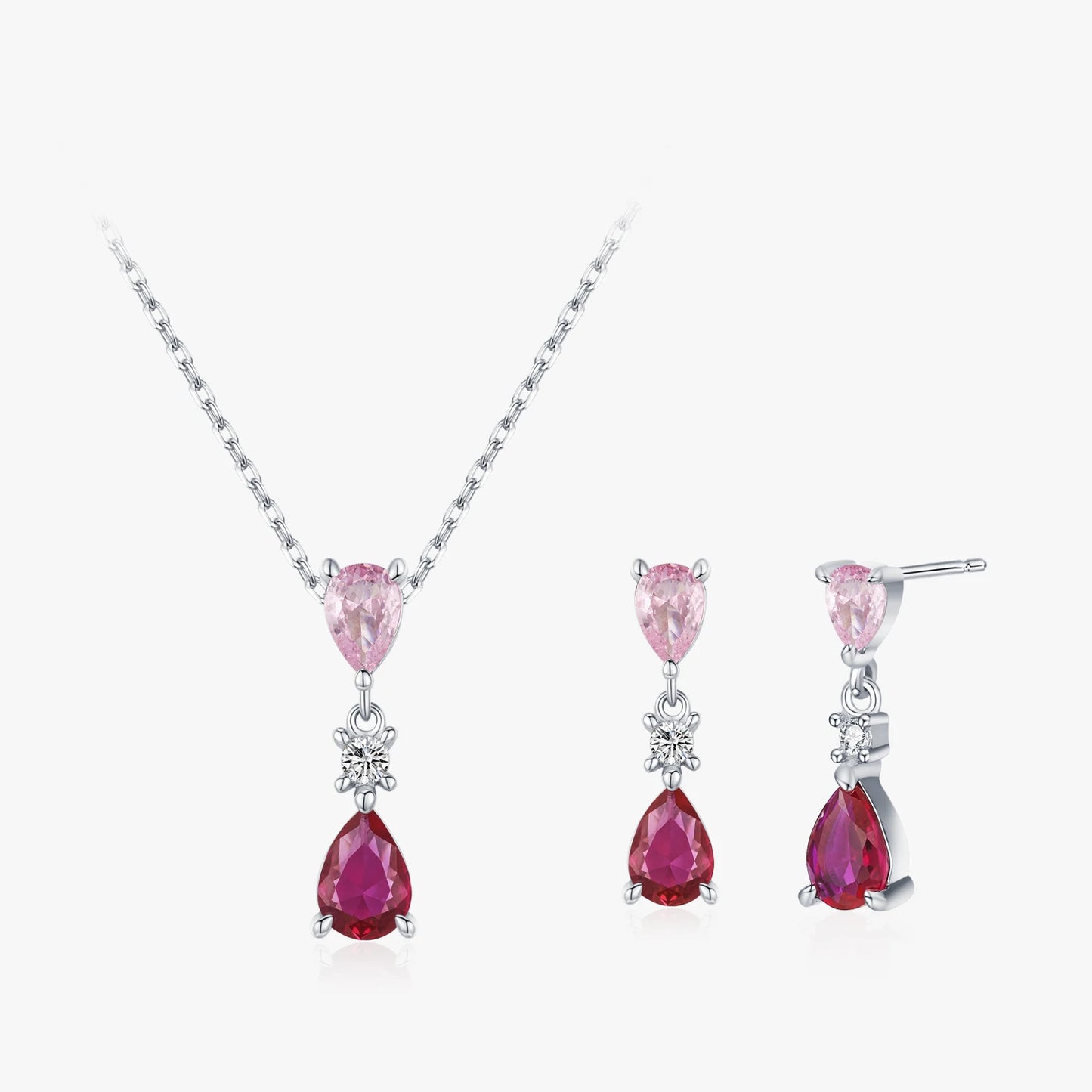 Ailmay 925 Sterling Silver Sweet Pink Water Droplet Zircon Pendant Necklace Earrings Set for Women Romantic Valentine's Day Gift