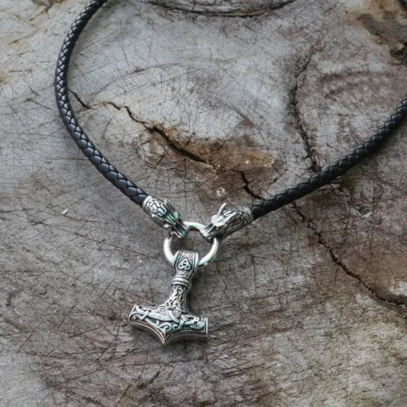 REBEL VIKING Dragon Head & Mjolnir Thor Hammer Pendant Necklace – Stainless Steel