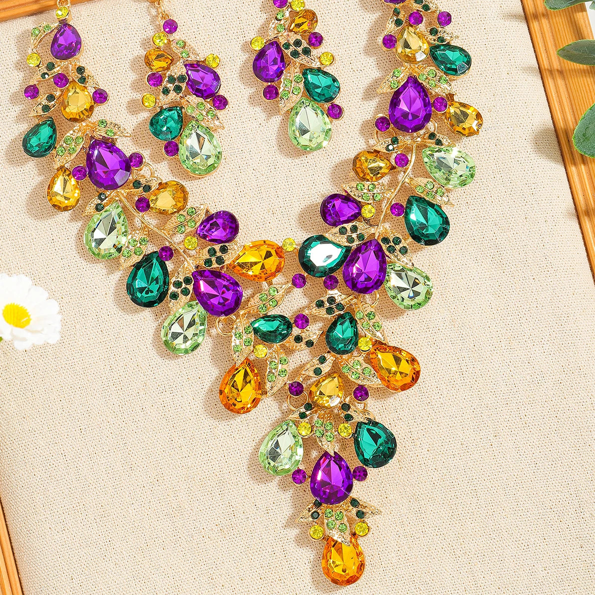 S&S Rhinestone Flower Necklace & Earring Set | Purple | Gold Plated