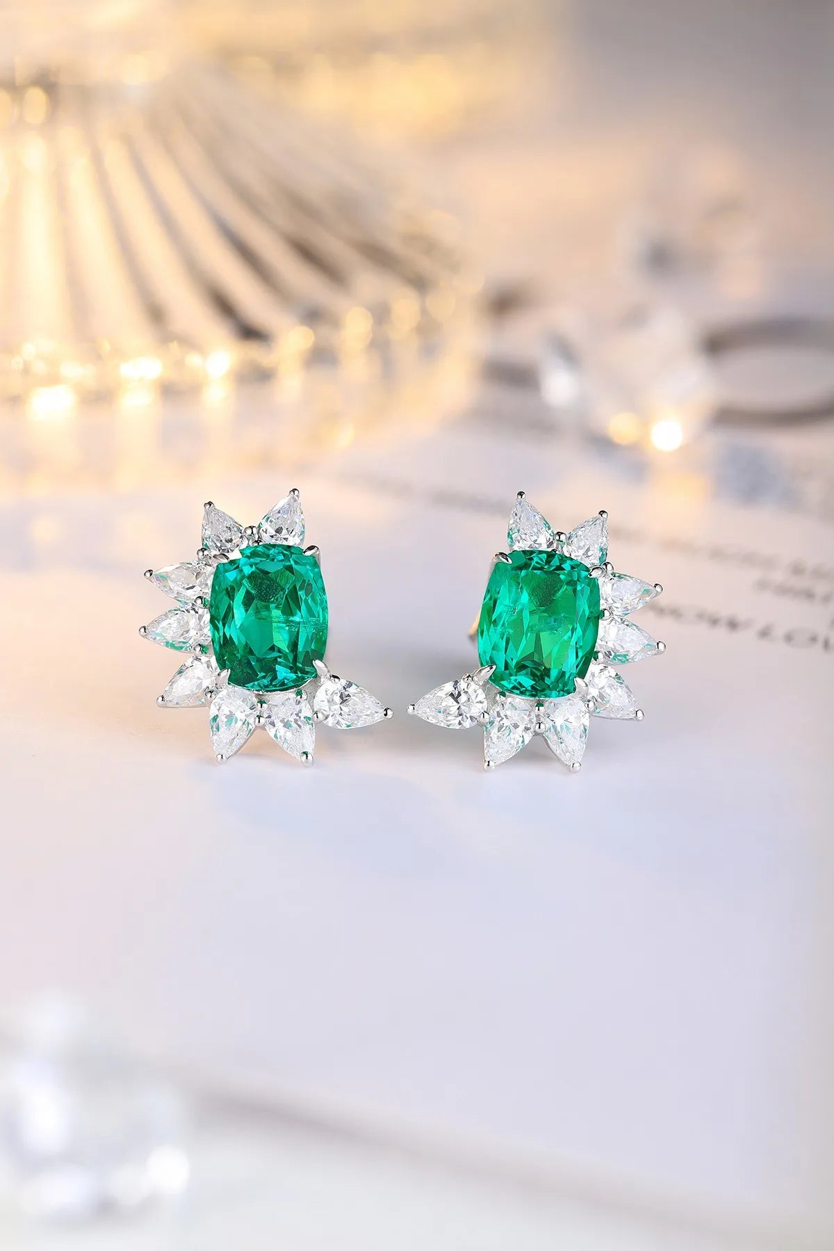 Gemfiori S925 Silver Lab-Grown Diamond Zambian Emerald Trendy Drop Earrings for Wedding & Party