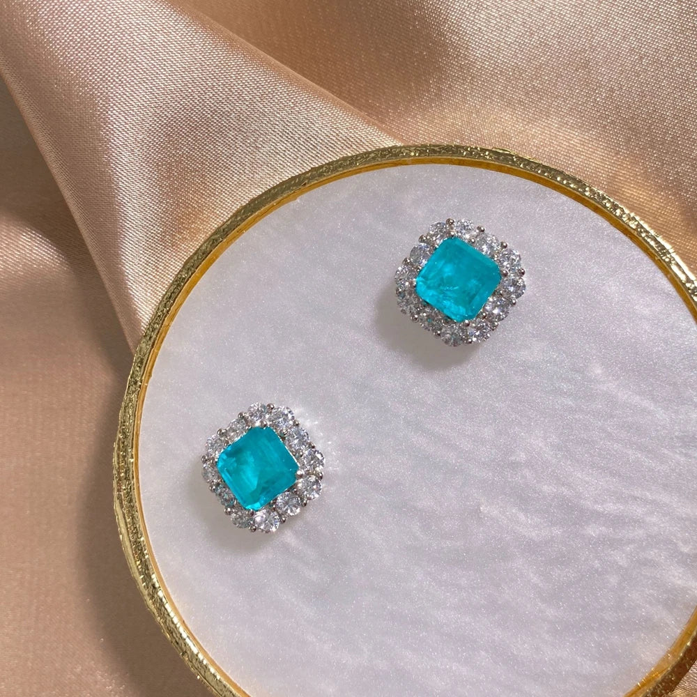 MUSHAN Jewelry Factory Hot Selling 925 Silver 2 Carat Synthetic Paraiba 7*7 Earrings Luxurious and Studded With Diamonds