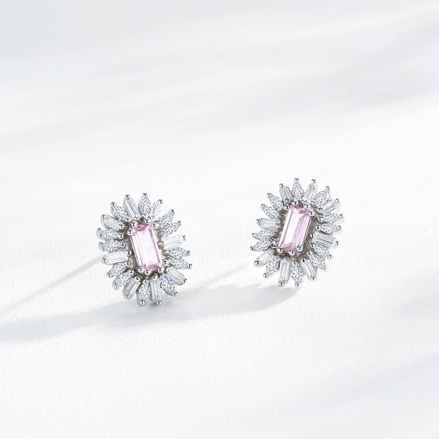 Alimay S925 Pure Sterling Silver Pink Square Sunflower Zircon Earrings Small and High End, Exquisite Full Diamond Ear Jewelry