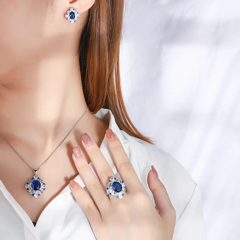 Delicate Eco-friendly Copper Dainty Floral Design Necklace Earrings Ring 3PCS Set 10*12/6*8mm Blue Zircon Flower Jewelry Set